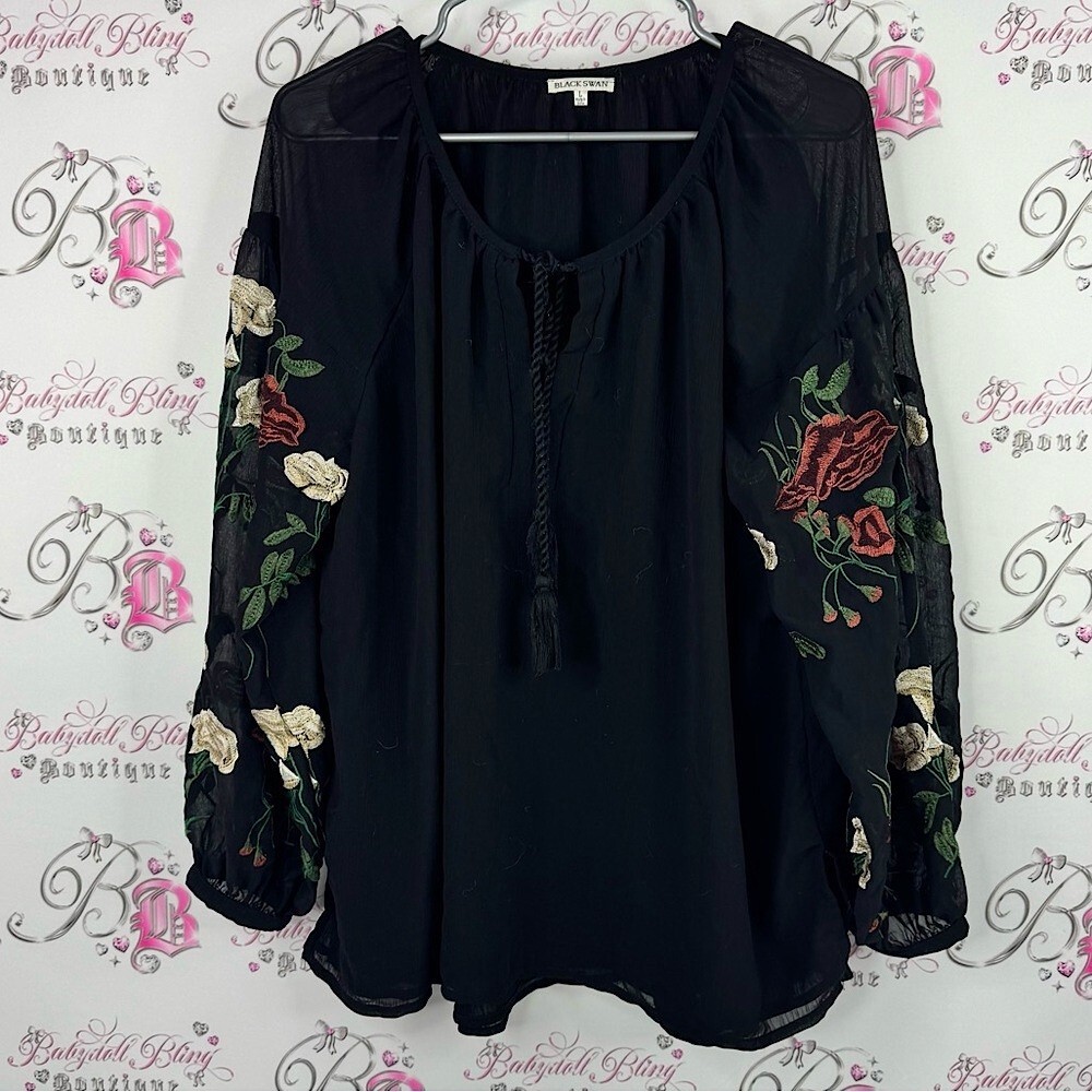 Black Swan long sleeve flowers Floral Embroidered Blouse tassles tie ups